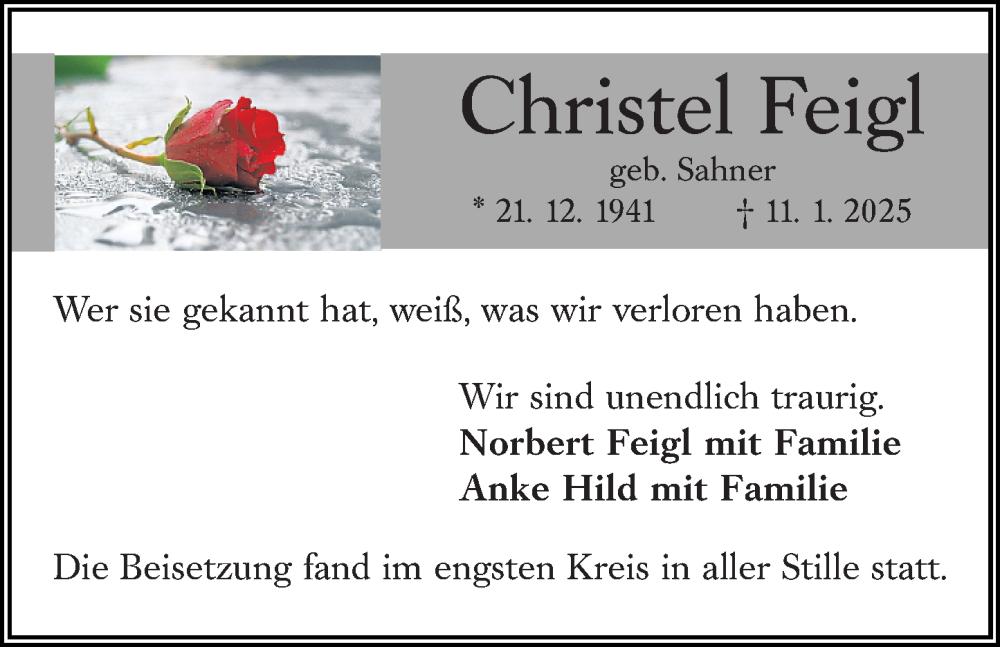  Traueranzeige für Christel Feigl vom 01.02.2025 aus Wetzlarer Neue Zeitung