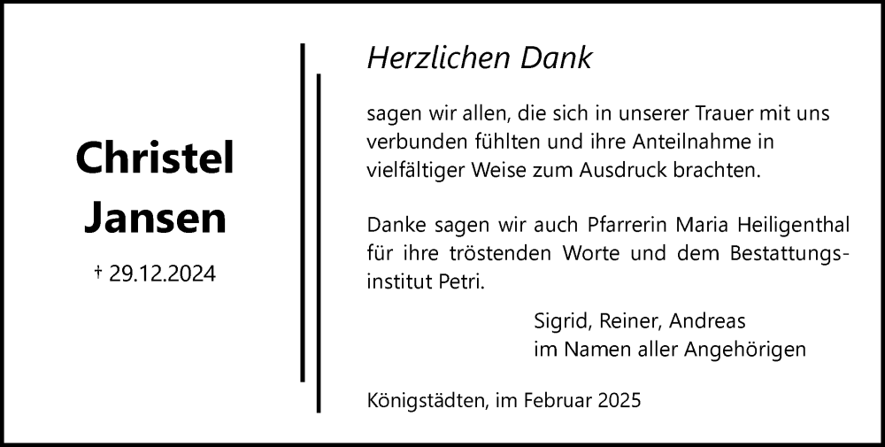  Traueranzeige für Christel Jansen vom 22.02.2025 aus Rüsselsheimer Echo