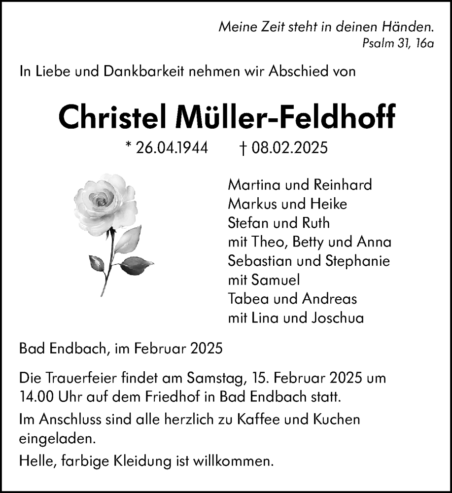  Traueranzeige für Christel Müller-Feldhoff vom 12.02.2025 aus Hinterländer Anzeiger