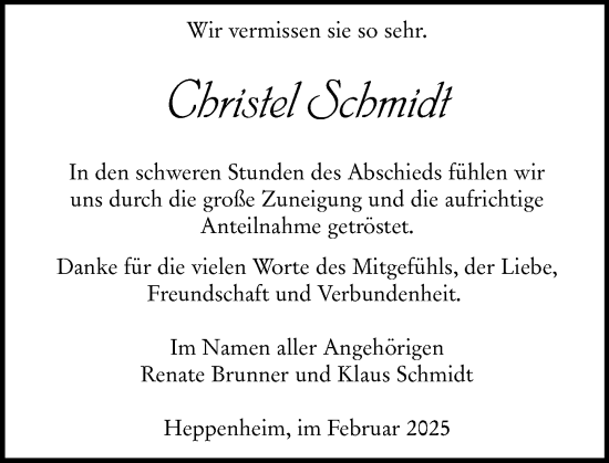 Traueranzeige von Christel Schmidt von Starkenburger Echo