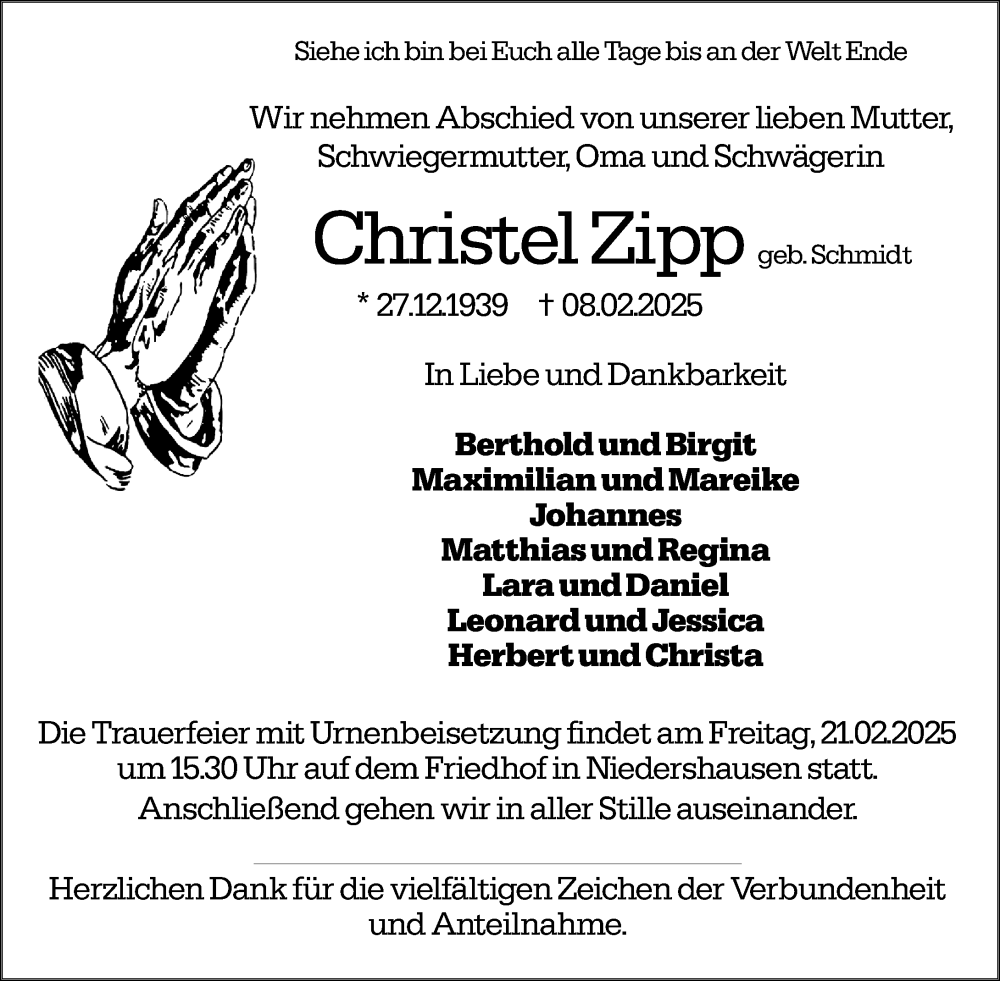  Traueranzeige für Christel Zipp vom 15.02.2025 aus Weilburger Tageblatt