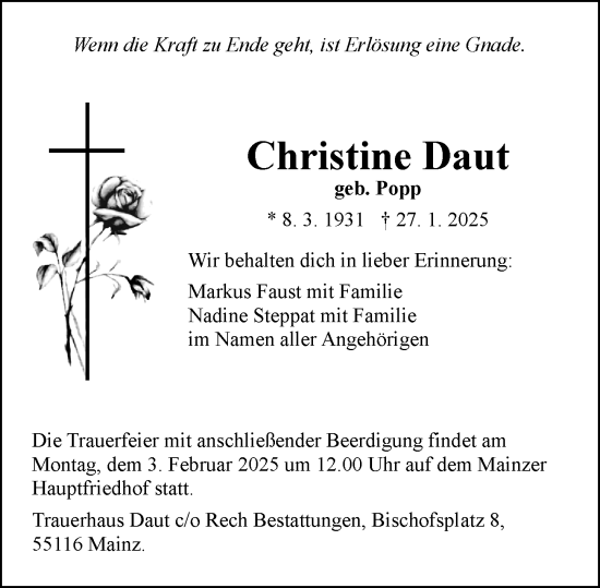 Traueranzeige von Christine Daut von Allgemeine Zeitung Mainz
