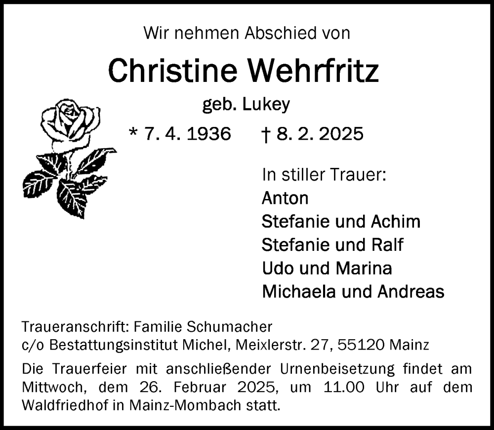  Traueranzeige für Christine Wehrfritz vom 15.02.2025 aus Allgemeine Zeitung Mainz