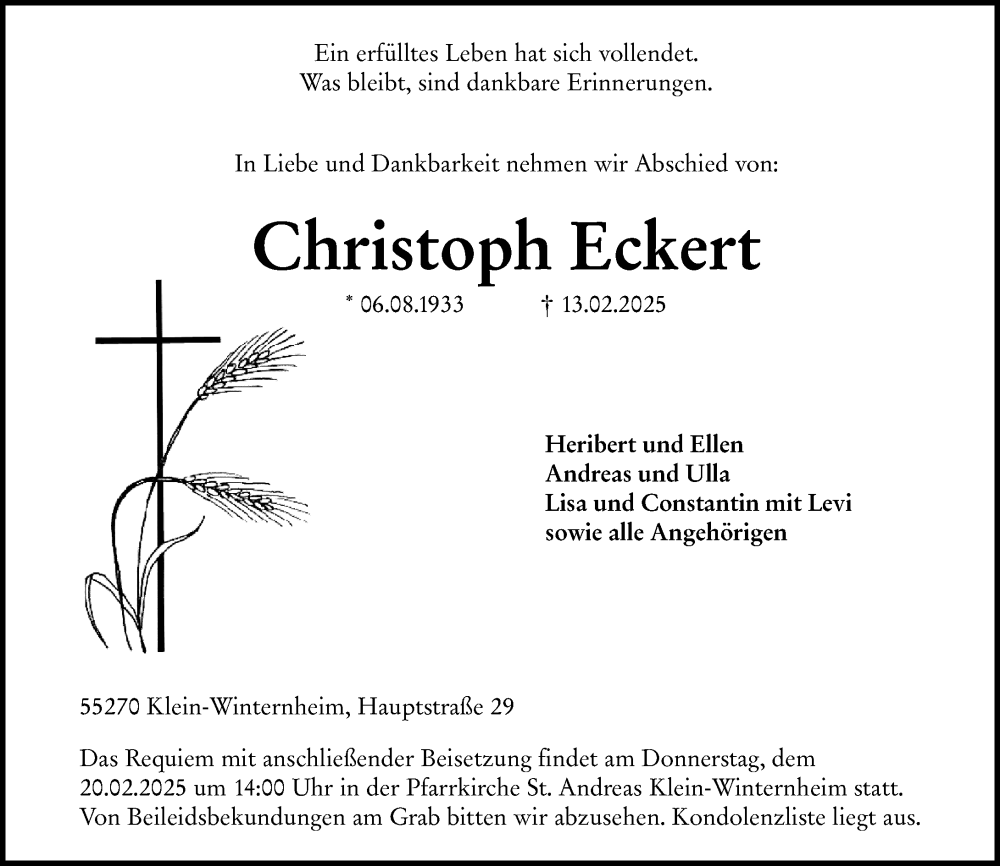  Traueranzeige für Christoph Eckert vom 18.02.2025 aus Allgemeine Zeitung Mainz