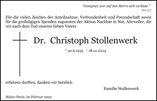 Traueranzeige von Christoph Stollenwerk von Allgemeine Zeitung Mainz