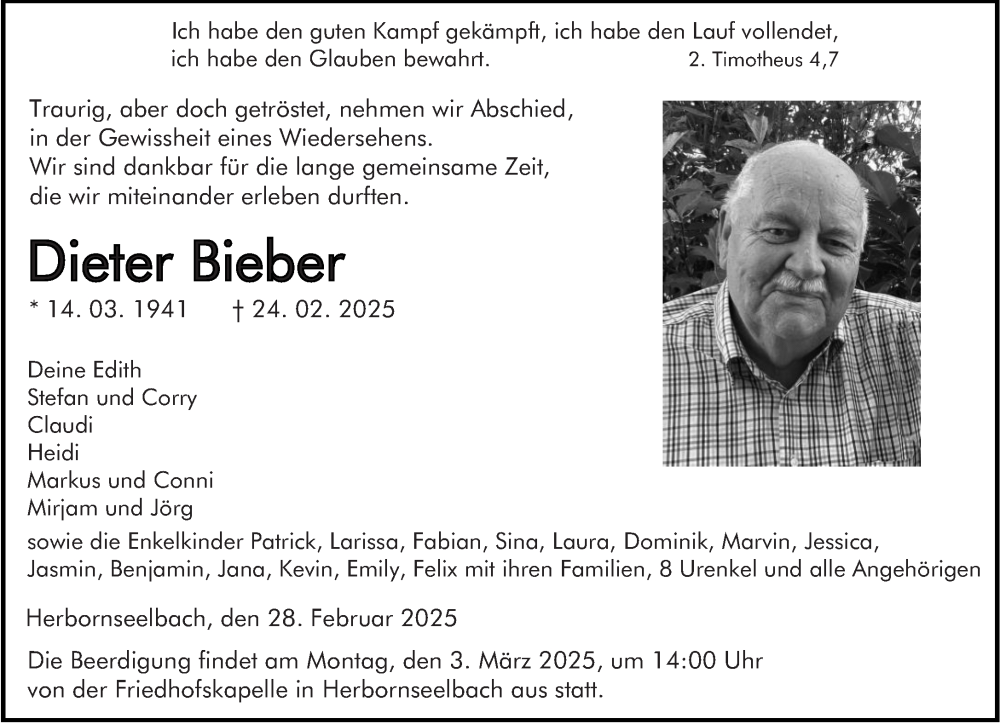  Traueranzeige für Dieter Bieber vom 28.02.2025 aus Dill Block