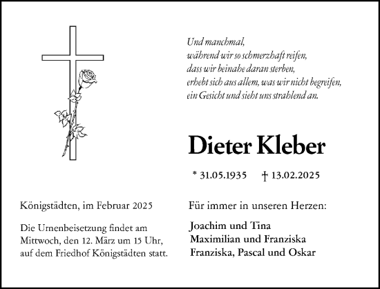 Traueranzeige von Dieter Kleber von Rüsselsheimer Echo