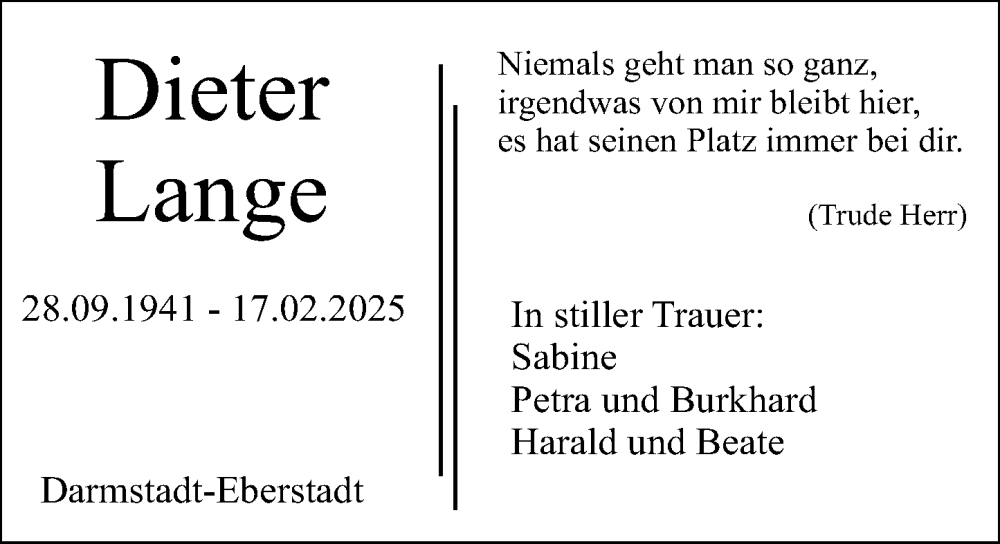  Traueranzeige für Dieter Lange vom 22.02.2025 aus Darmstädter Echo