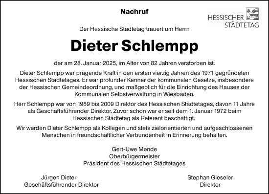 Traueranzeige von Dieter Schlempp von Wiesbadener Kurier