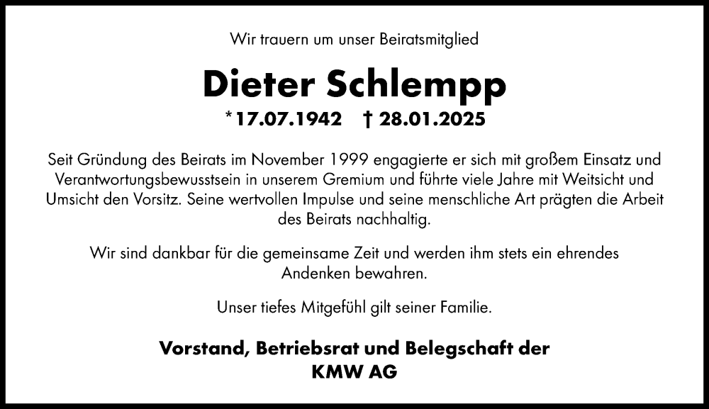  Traueranzeige für Dieter Schlempp vom 05.02.2025 aus Wiesbadener Kurier