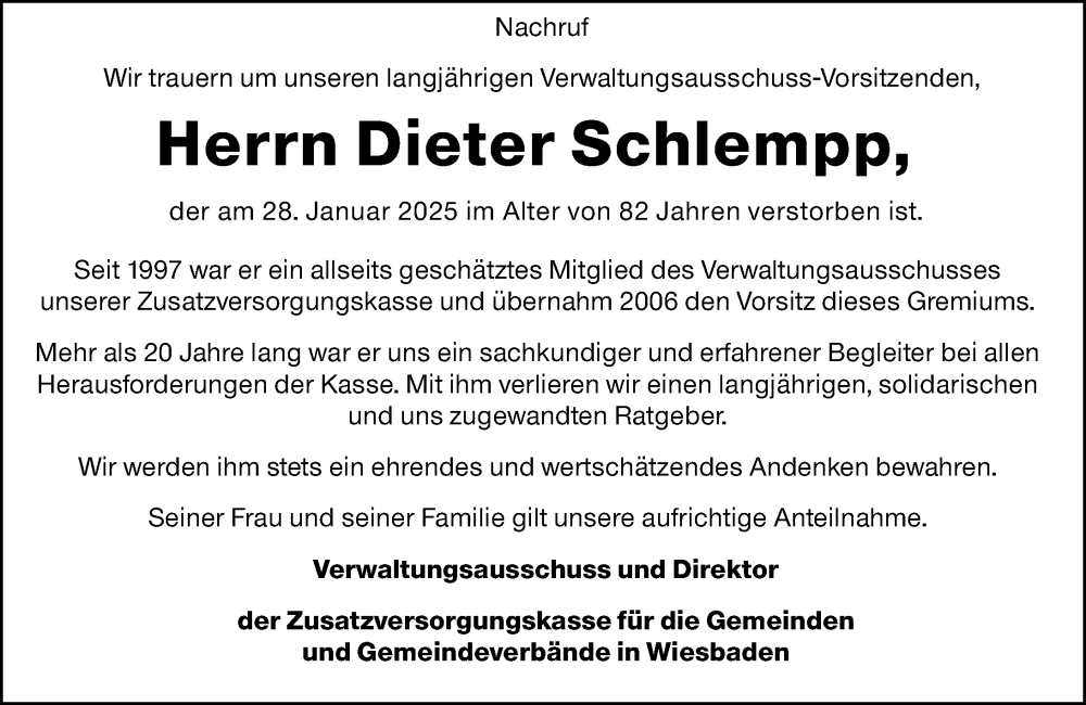  Traueranzeige für Dieter Schlempp vom 08.02.2025 aus Wiesbadener Kurier