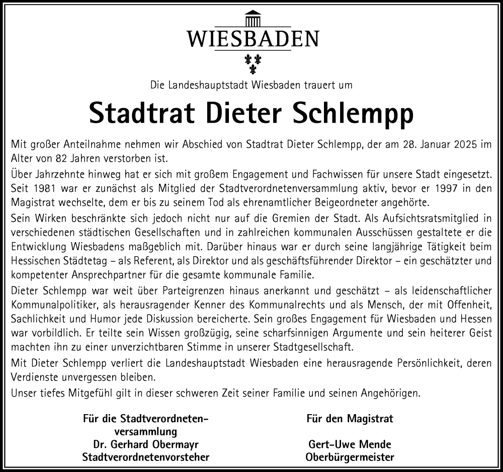  Traueranzeige für Dieter Schlempp vom 05.02.2025 aus Wiesbadener Kurier