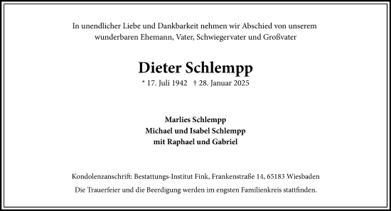 Traueranzeige von Dieter Schlempp von Wiesbadener Kurier