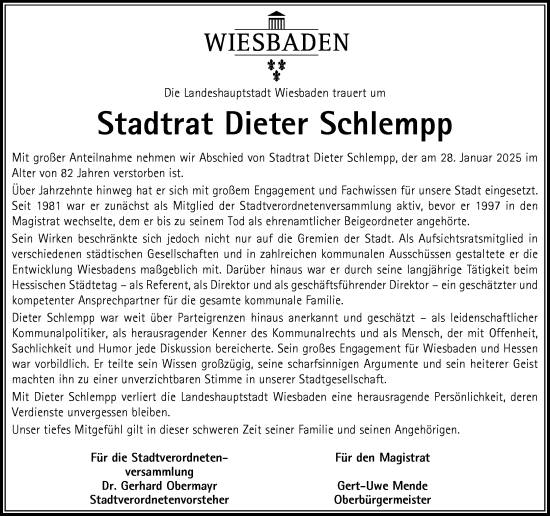 Traueranzeige von Dieter Schlempp von Wiesbadener Kurier