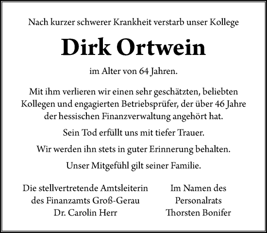 Traueranzeige von Dirk Ortwein von Groß-Gerauer Echo