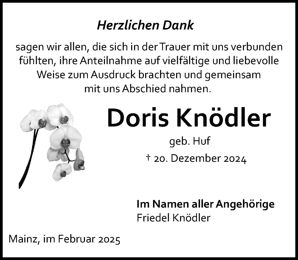  Traueranzeige für Doris Knödler vom 08.02.2025 aus Allgemeine Zeitung Mainz