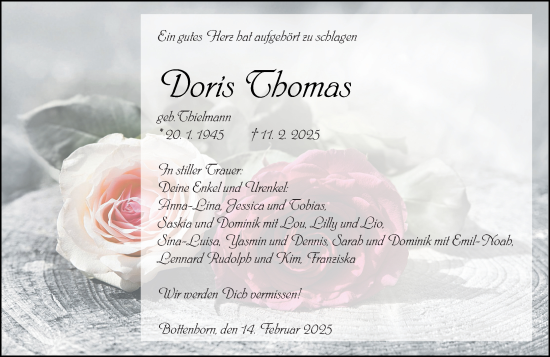 Traueranzeige von Doris Thomas von Hinterländer Anzeiger