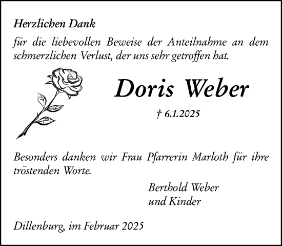Traueranzeige von Doris Weber von Dill Block