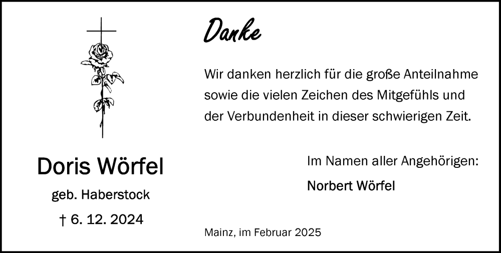  Traueranzeige für Doris Wörfel vom 08.02.2025 aus Allgemeine Zeitung Mainz