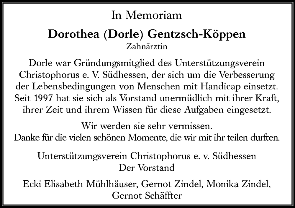  Traueranzeige für Dorothea Gentzsch-Köppen vom 19.02.2025 aus Rüsselsheimer Echo