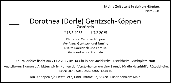 Traueranzeige von Dorothea Gentzsch-Köppen von Rüsselsheimer Echo