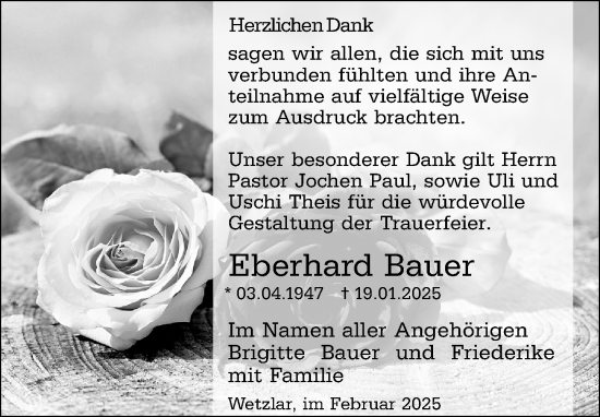 Traueranzeige von Eberhard Bauer von Dill Block