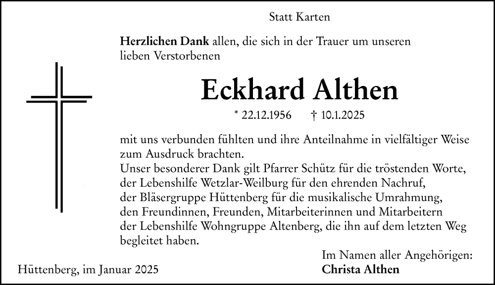  Traueranzeige für Eckhard Althen vom 01.02.2025 aus Wetzlarer Neue Zeitung