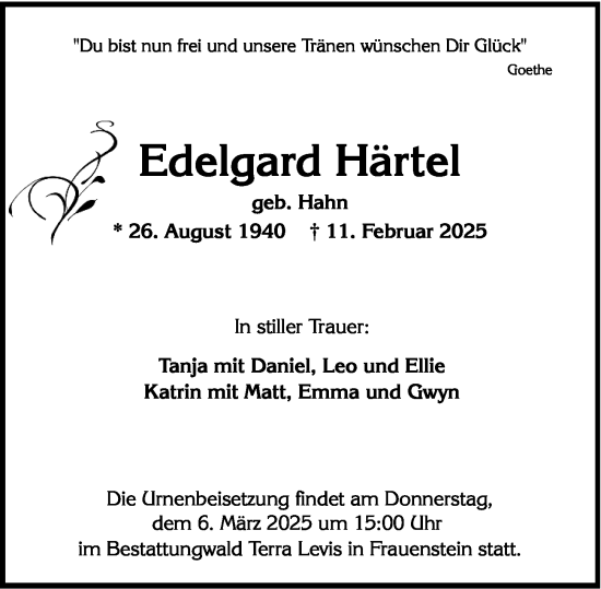 Traueranzeige von Edelgard Härtel von Wiesbadener Kurier