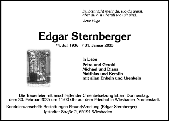 Traueranzeige von Edgar Sternberger von Wiesbadener Kurier
