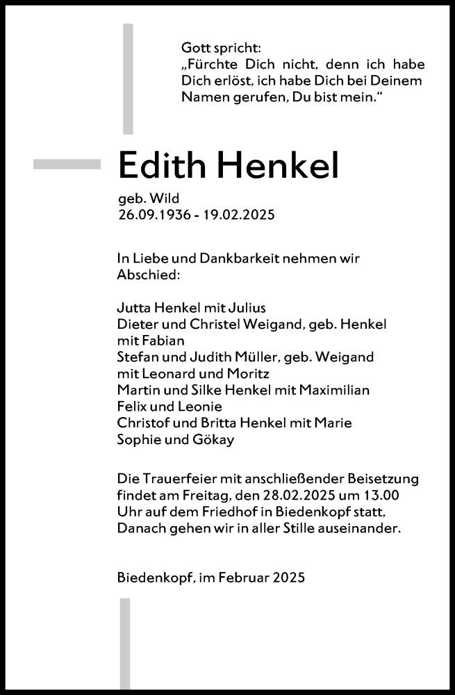  Traueranzeige für Edith Henkel vom 26.02.2025 aus Hinterländer Anzeiger