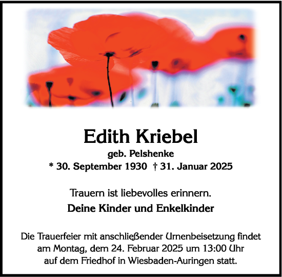 Traueranzeige von Edith Kriebel von Wiesbadener Kurier
