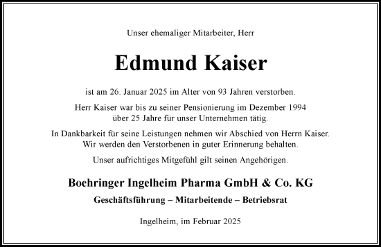 Traueranzeige von Edmund Kaiser von Allgemeine Zeitung Rheinhessen-Nahe