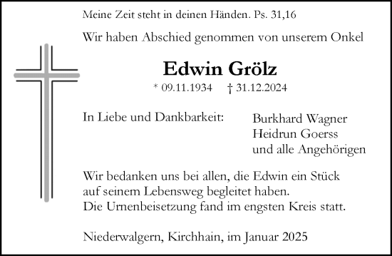Traueranzeige von Edwin Grölz von Hinterländer Anzeiger
