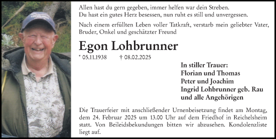 Traueranzeige von Egon Lohbrunner von Odenwälder Echo