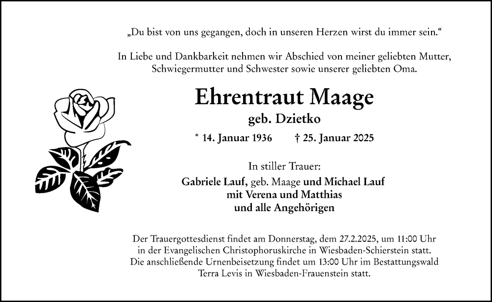 Traueranzeige für Ehrentraut Maage vom 08.02.2025 aus Wiesbadener Kurier