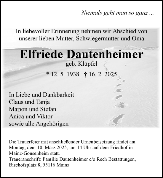 Traueranzeige von Elfriede Dautenheimer von Allgemeine Zeitung Mainz