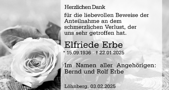 Traueranzeige von Elfriede Erbe von Weilburger Tageblatt