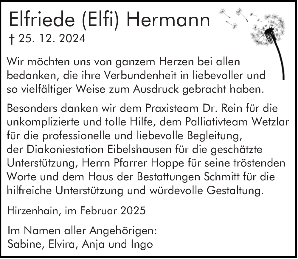  Traueranzeige für Elfriede Hermann vom 08.02.2025 aus Dill Block