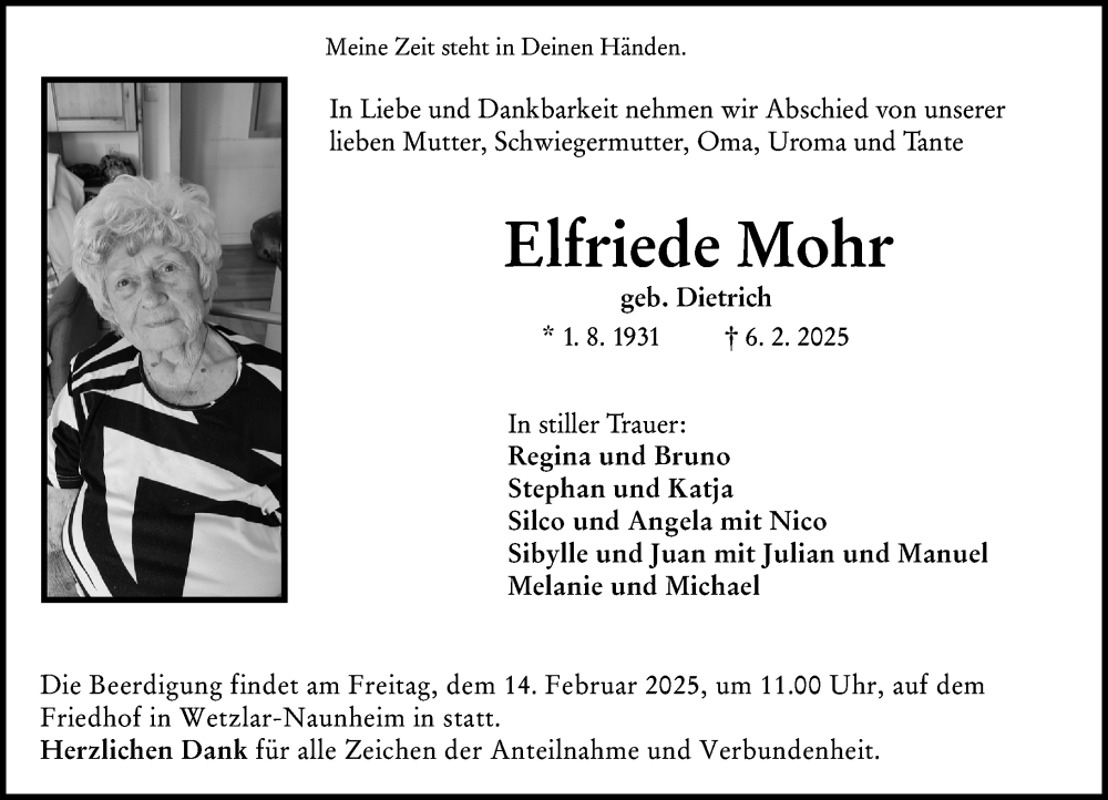  Traueranzeige für Elfriede Mohr vom 12.02.2025 aus Wetzlarer Neue Zeitung