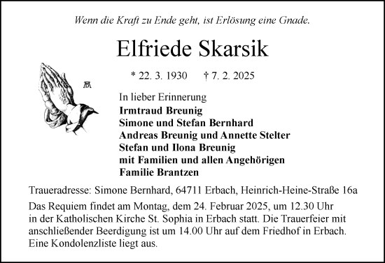 Traueranzeige von Elfriede Skarsik von Odenwälder Echo