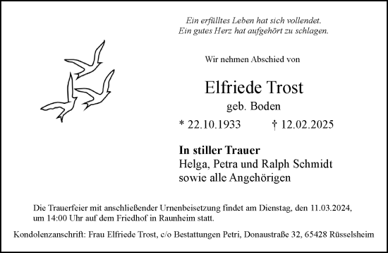 Traueranzeige von Elfriede Trost von Rüsselsheimer Echo