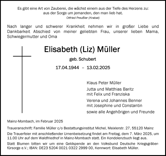 Traueranzeige von Elisabeth Müller von Allgemeine Zeitung Mainz
