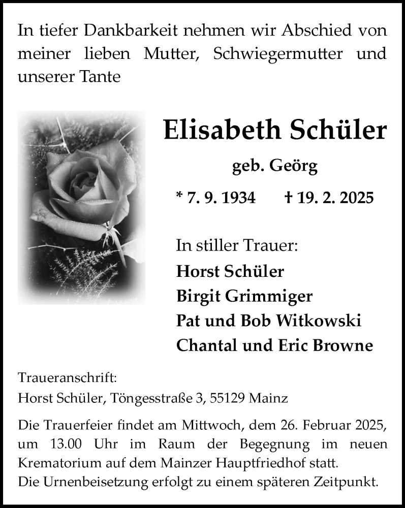  Traueranzeige für Elisabeth Schüler vom 22.02.2025 aus Allgemeine Zeitung Mainz