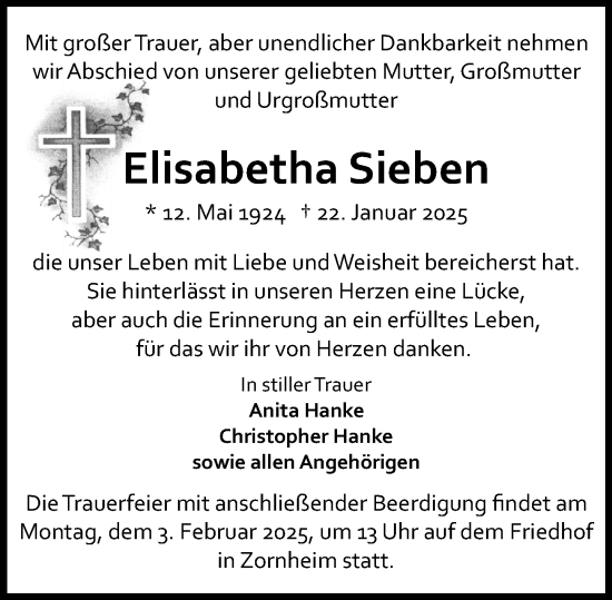 Traueranzeige von Elisabetha Sieben von Allgemeine Zeitung Mainz