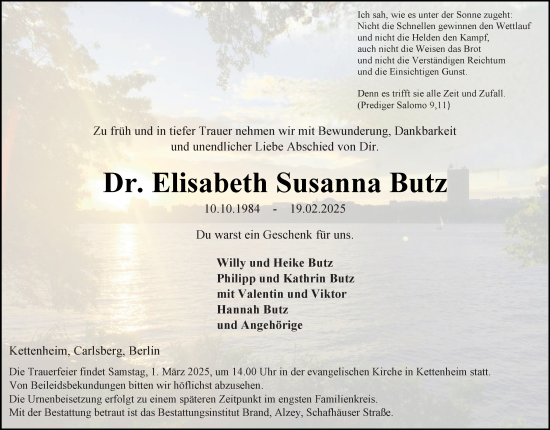 Traueranzeige von Elisabeth Susanna Butz von Allgemeine Zeitung Alzey