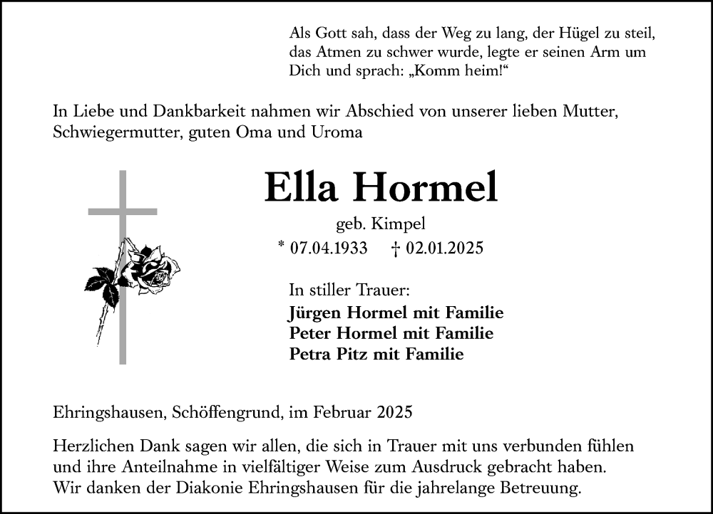  Traueranzeige für Ella Hormel vom 08.02.2025 aus Wetzlarer Neue Zeitung