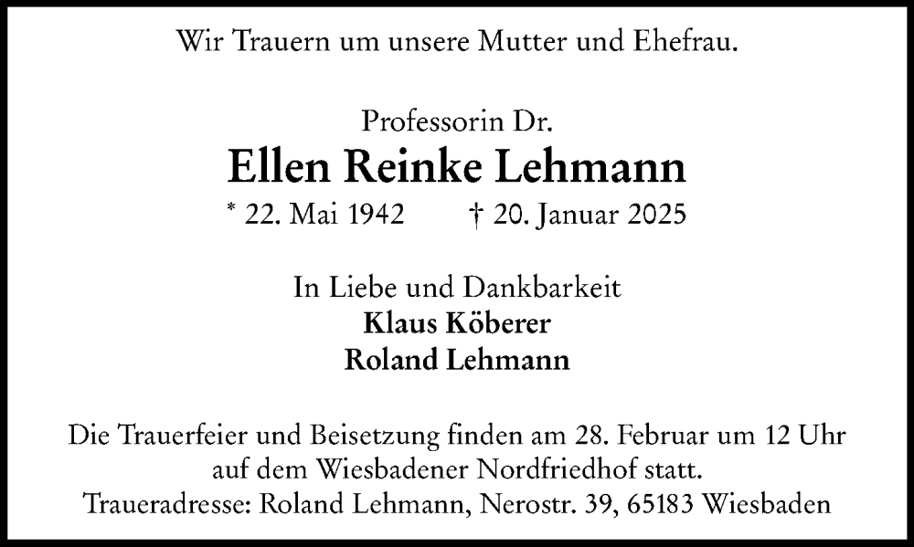  Traueranzeige für Ellen Reinke Lehmann vom 08.02.2025 aus Wiesbadener Kurier