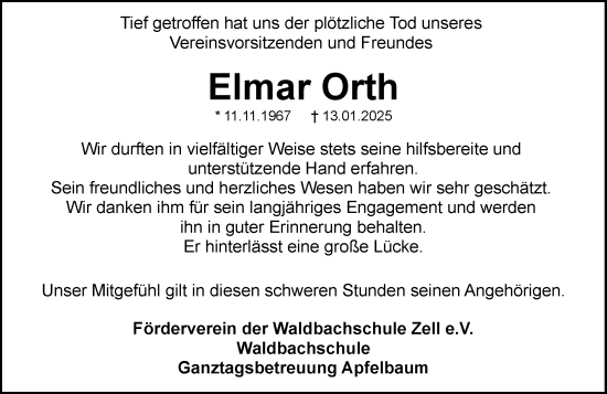 Traueranzeige von Elmar Orth von Odenwälder Echo