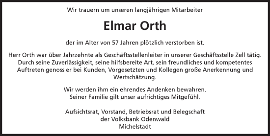 Traueranzeige von Elmar Orth von Odenwälder Echo
