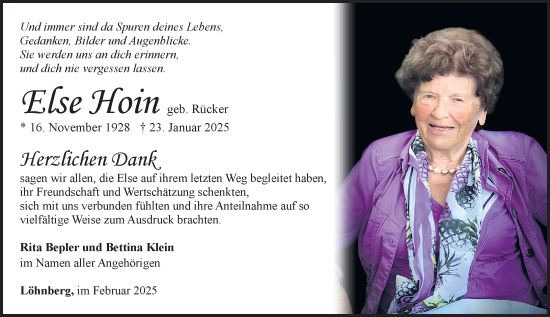 Traueranzeige von Else Hoin von Weilburger Tageblatt